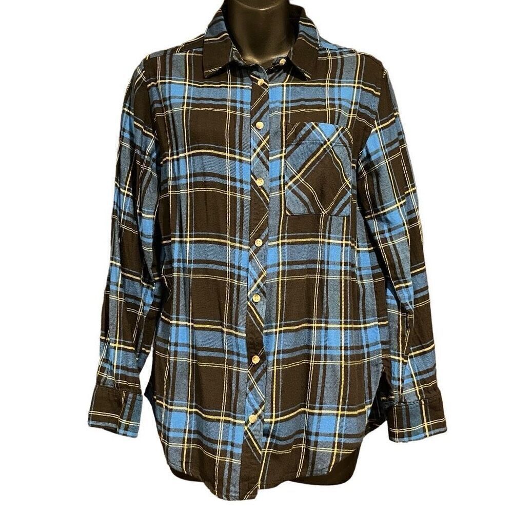 Arizona Jean Company Blue Yellow Black Plaid Flannel Women’s Small
